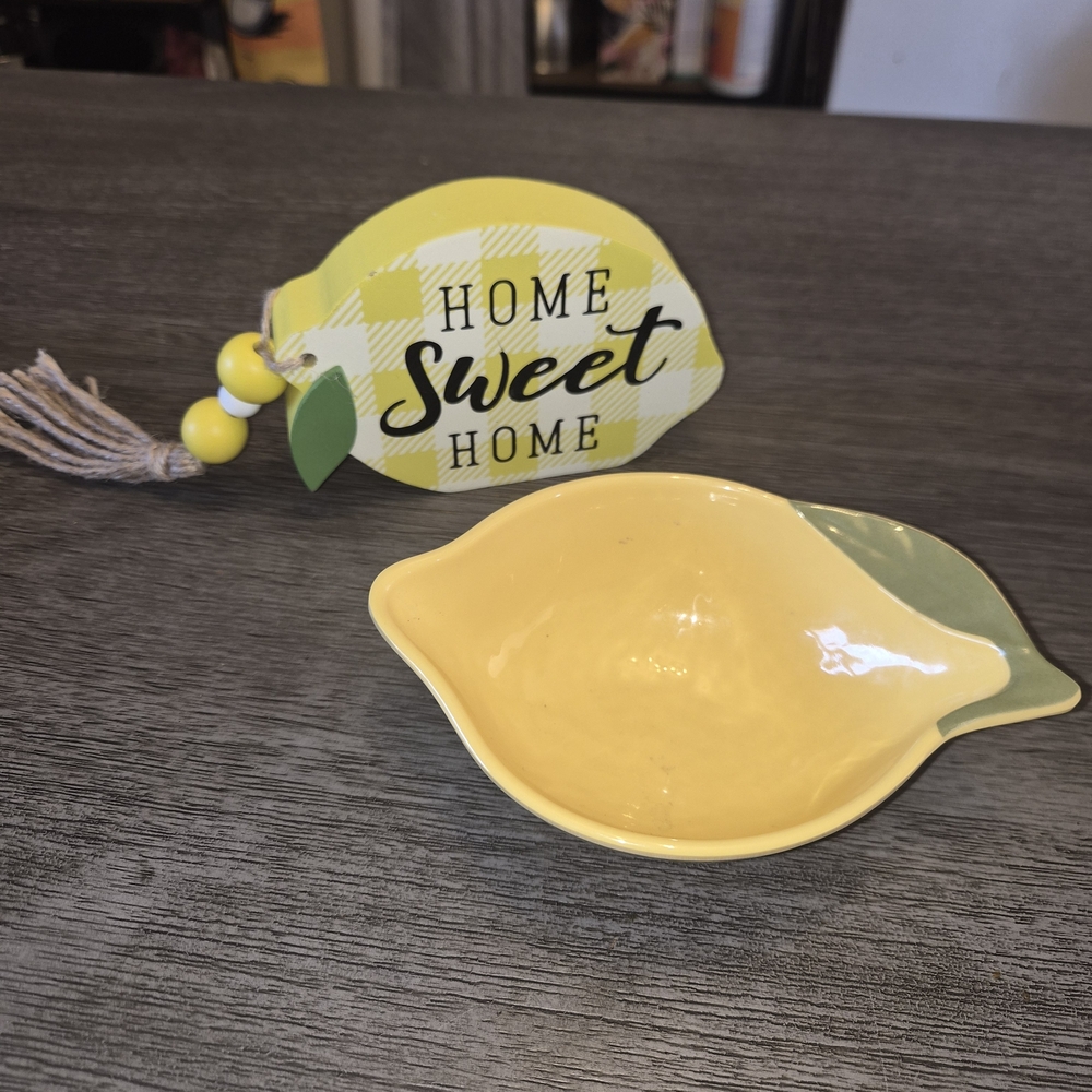 Yellow Lemon-Shaped Ceramic Dish And Wood Sign
